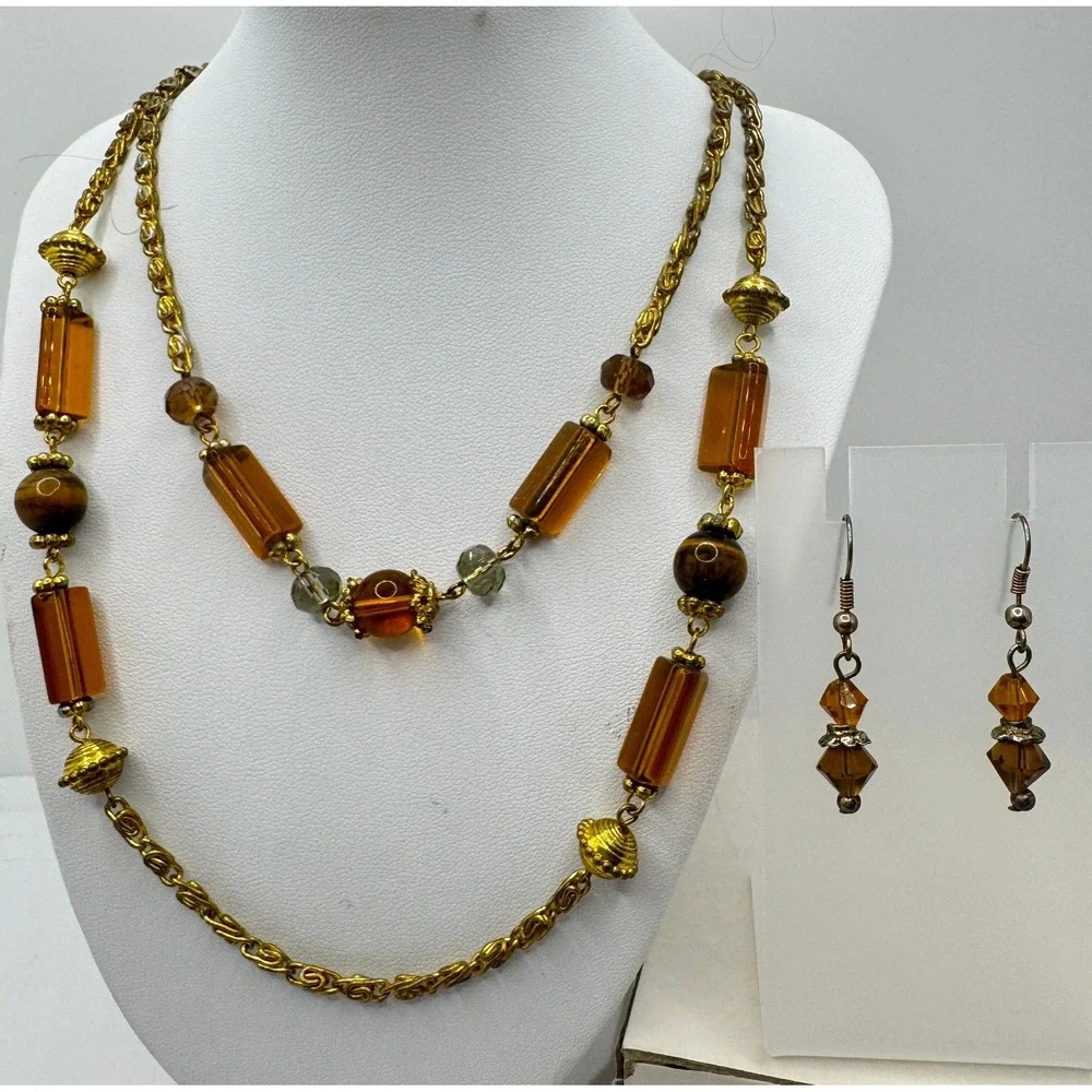 Vintage Amber Resin Tiger Eye Layered Necklace and Dangle Earring Set Gold Tone